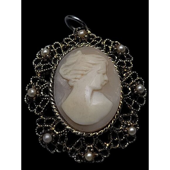 Vermeil Carved Shell Cameo Pendant Faux Pearl Accent Gold Tone Sterling Silver - Picture 2 of 14